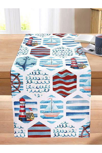 Realhomes Blue Sailor Themed Hexagonal Motif Decorative Stitched Raschel Knitted Runner