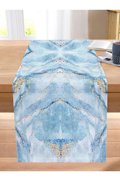Realhomes Blue Colored Marble Patterned Digital Printed Stitched Raschel Knitted Runner