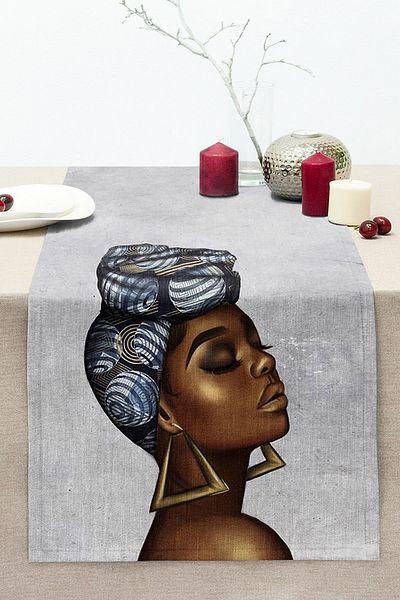 Realhomes Stitched Raschel Knitted Runner with Ethnic African Woman Design on Gray Background
