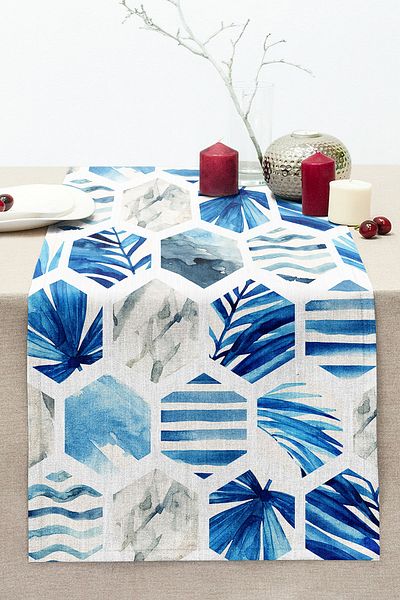 Realhomes Blue Themed Geometric Shaped Stitched Raschel Knitted Runner