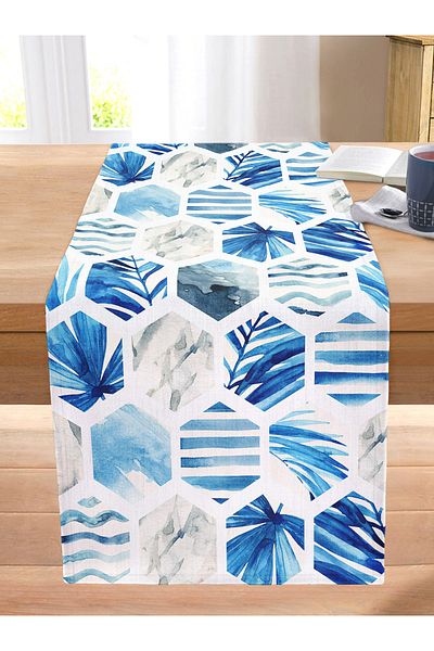 Realhomes Blue Themed Geometric Shaped Stitched Raschel Knitted Runner