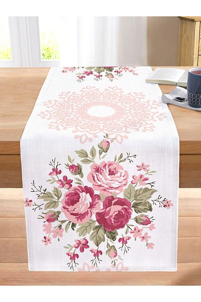 Realhomes Damask Themed Rose Motif Digital Printed Stitched Raschel Knitted Runner