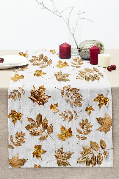 Realhomes Gold Leaves Patterned Digital Printed Stitched Rahel Knitted Runner on White Background