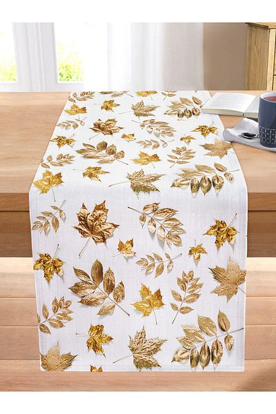 Realhomes Gold Leaves Patterned Digital Printed Stitched Rahel Knitted Runner on White Background