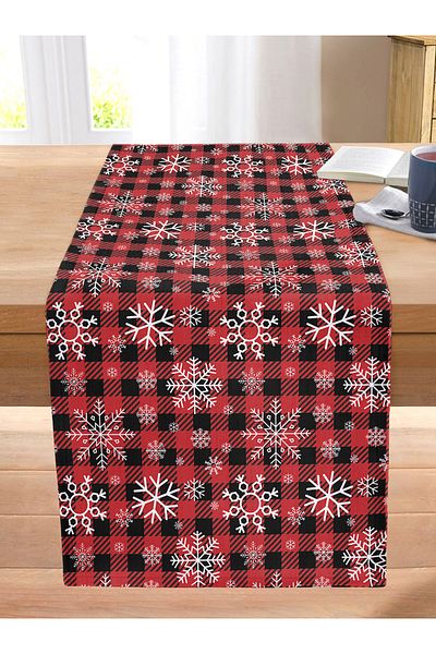 Realhomes Red Plaid Patterned Snowflake Motif Digital Printed Modern Stitched Raschel Knitted Runner