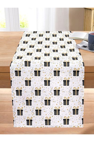 Realhomes Gold Detailed Gift Package Patterned Digital Printed Modern Stitched Raschel Knitted Runner on White Background