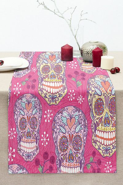 Realhomes Pink Background Skull Digital Printed Stitched Raschel Knitted Runner