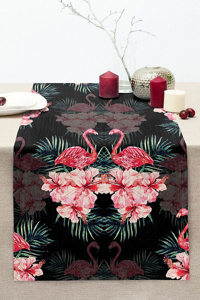 Realhomes Lilies and Flamingo Special Design Stitched Raschel Knitted Runner on Black Background