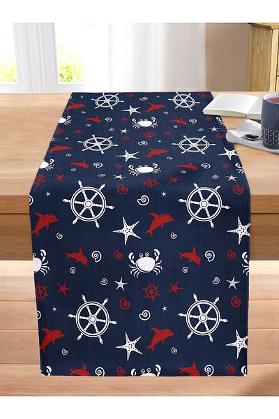 Realhomes Colorful Dolphin Patterned Digital Printed Modern Stitched Raschel Knitted Runner with Navy Blue Background