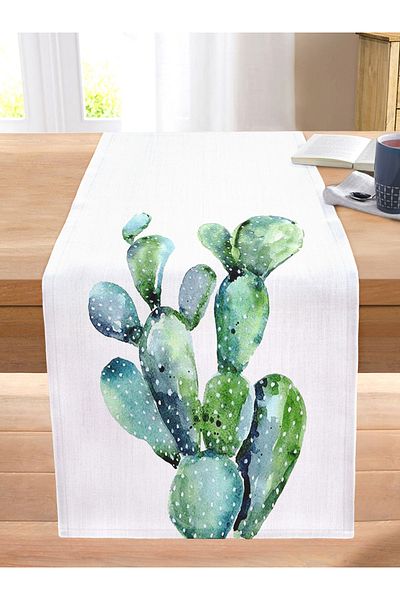 Realhomes Modern Design 3D Stitched Raschel Knitted Runner with Watercolor Cactus Drawing