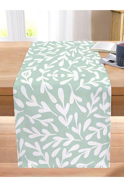 Realhomes Mint Green Background Leaf Motif Digital Printed Stitched Raschel Knitted Runner