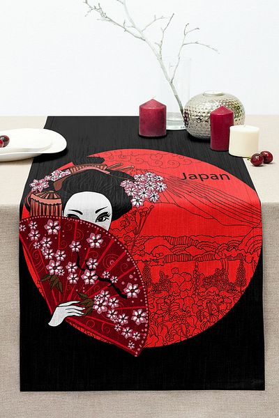 Realhomes Red Fan Shaman Japan Women's Digital Printed Stitched Raschel Knitted Runner