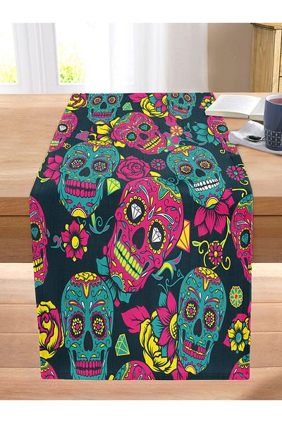 Realhomes Special Design Digital Printed Modern Stitched Raschel Knitted Runner with Colorful Skeleton and Rose Figures