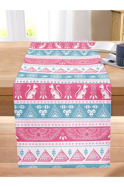 Realhomes Blue Pink Ethnic Patterned Decorative Stitched Raschel Knitted Runner