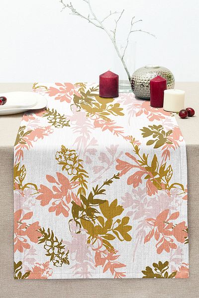 Realhomes Pink And Gold Thin Leaf Design Digital Printed Stitched Raschel Knitted Runner