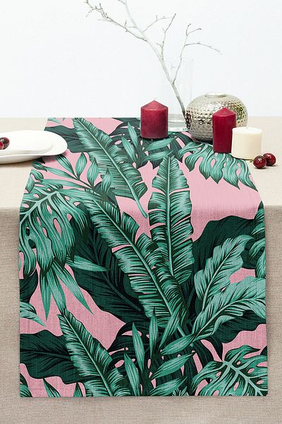 Realhomes Digital Printed Modern Stitched Raschel Knitted Runner with Green Leaf Pattern on Pastel Background