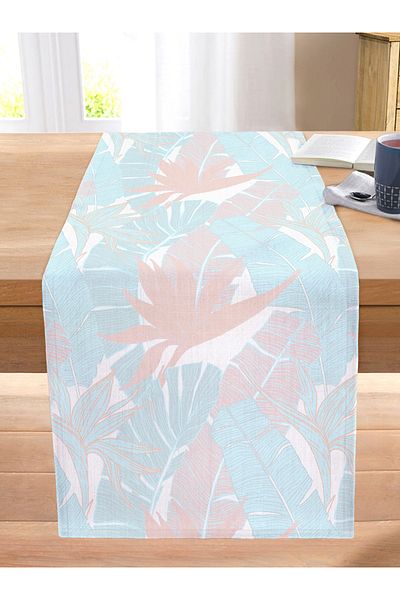 Realhomes Blue And Pink Tropical Leaf Stitched Raschel Knitted Runner