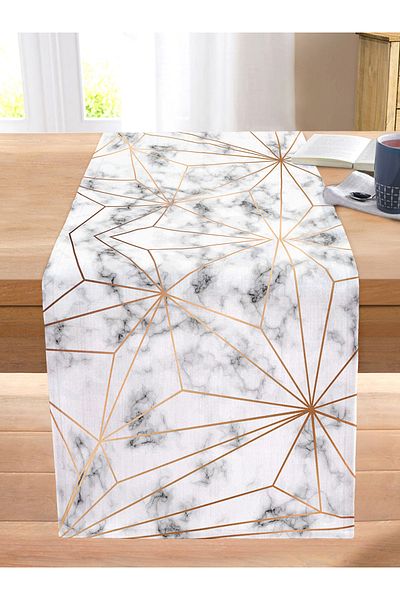 Realhomes Gold Geometric Shapes Specially Designed Stitched Raschel Knitted Runner on Marble Floor