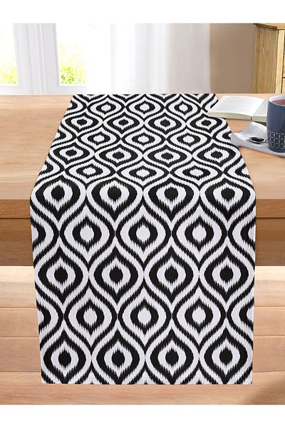 Realhomes Special Design Black Ikat Patterned Digital Printed Stitched Raschel Knitted Runner