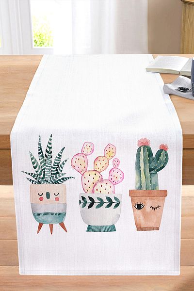 Realhomes Cactus Motif Digital Printed Decorative Stitched Raschel Knitted Runner