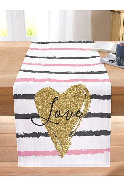 Realhomes Love Gilded Heart Patterned Digital Printed Modern Stitched Raschel Knitted Runner
