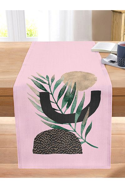Realhomes Decorative Stitched Raschel Knitted Runner with Abstract Leaf Drawing on Pink Background