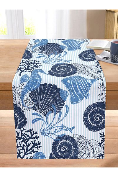 Realhomes Blue Sea Creatures Themed Digital Printed Modern Stitched Raschel Knitted Runner