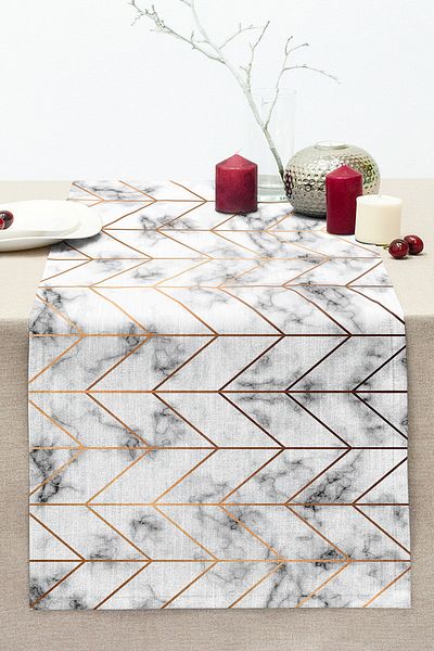Realhomes Geometric Patterned Modern Stitched Raschel Knitted Runner with Marble Background