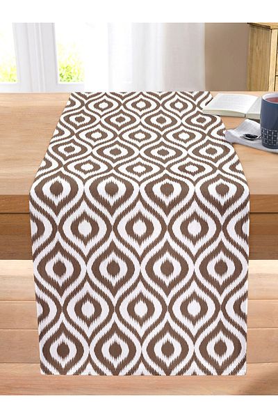 Realhomes Special Design Coffee Ikat Patterned Digital Printed Stitched Raschel Knitted Runner
