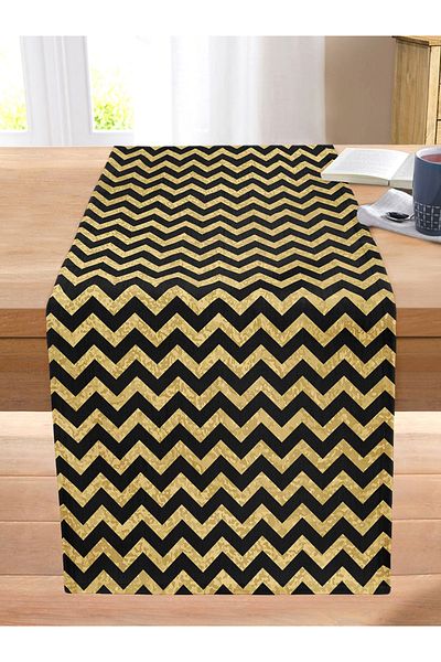 Realhomes Black Zigzag Patterned Digital Printed Modern Stitched Raschel Knitted Runner on Gold Background
