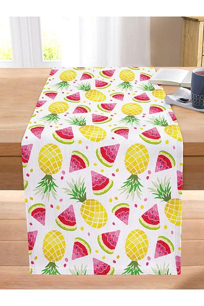 Realhomes Watercolor Watermelon Pineapple Patterned Digital Printed Modern Stitched Raschel Knitted Runner