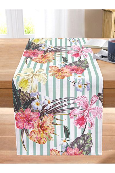 Realhomes Stripe Themed Geranium Digital Printed Decorative Stitched Raschel Knitted Runner