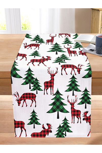 Realhomes Digital Printed Modern Stitched Raschel Knitted Runner with Pine Tree and Plaid Deer Motif on White Background