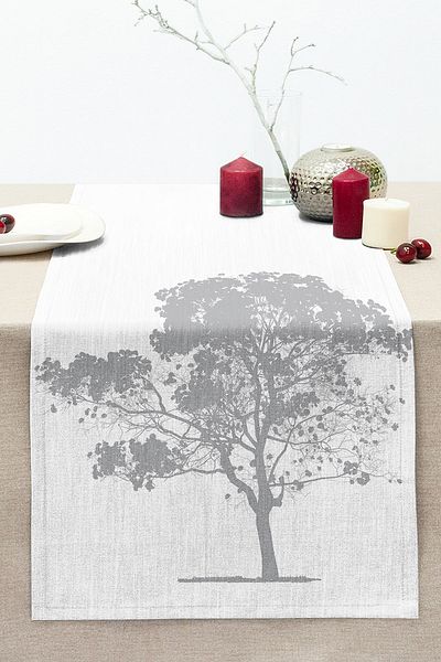 Realhomes Stitched Raschel Knitted Runner with Gray Tree Pattern on Decorative White Background