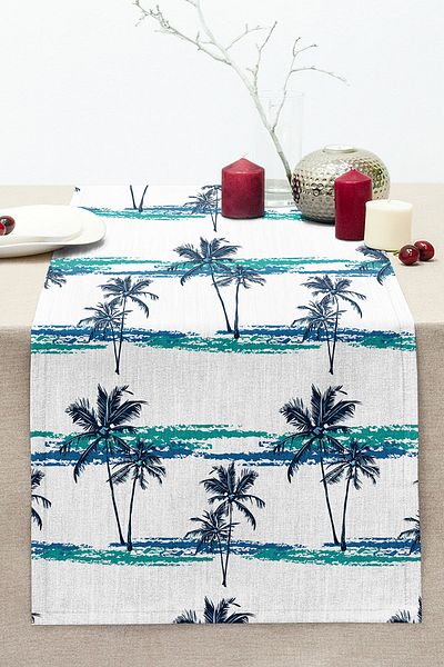 Realhomes Decorative Stitched Raschel Knitted Runner with Blue Green Palm Drawing