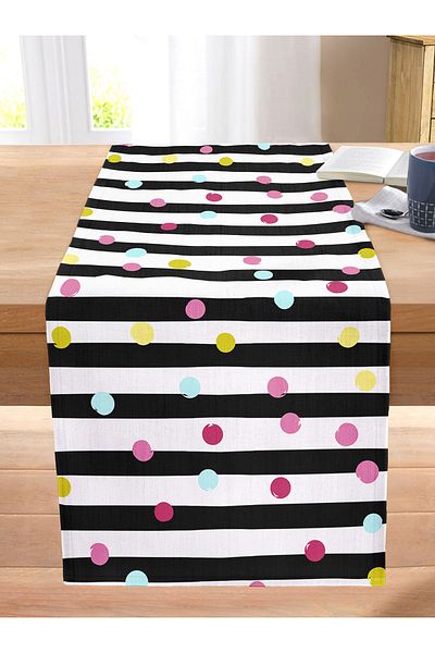 Realhomes Colorful Polka Dot Digital Printed Modern Stitched Rahel Knitted Runner with Horizontal Stripes on White Background