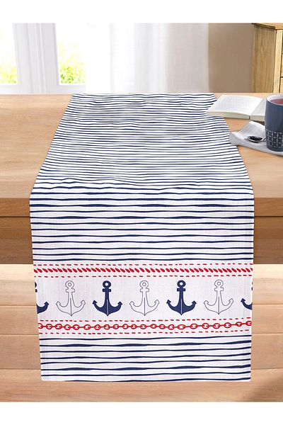 Realhomes Digital Printed Modern Stitched Raschel Knitted Runner with Colorful Striped Anchor Pattern on White Background