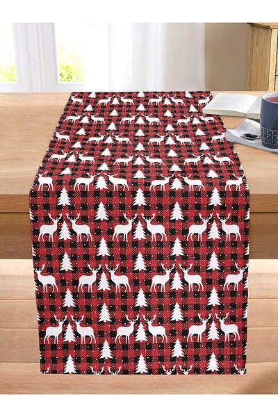 Realhomes Red Plaid Patterned Deer Motif Digital Printed Modern Stitched Raschel Knitted Runner