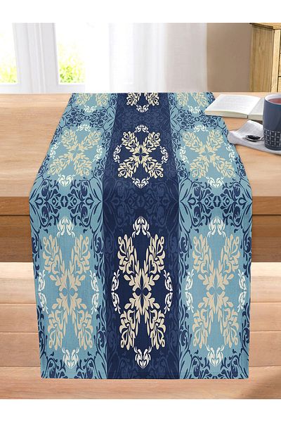 Realhomes Blue Ethnic Pattern Digital Printed Modern Stitched Raschel Knitted Runner