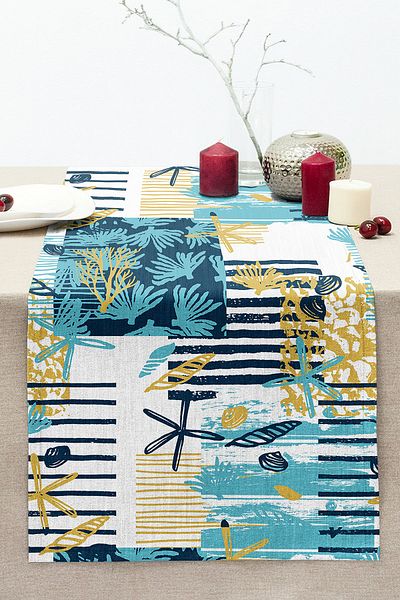 Realhomes Digital Printed Modern Stitched Raschel Knitted Runner with Colorful Sea Motifs on White Background