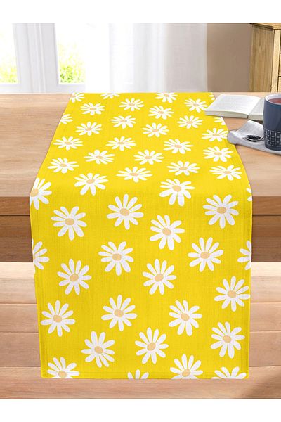 Realhomes Yellow Background Daisy Patterned Digital Printed Decorative Stitched Raschel Knitted Runner
