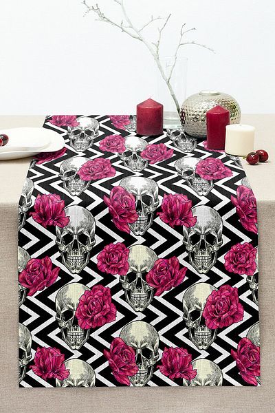 Realhomes Special Design Digital Printed Modern Stitched Raschel Knitted Runner with Skeleton and Rose Motifs on Zigzag Floor