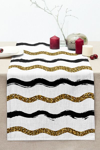 Realhomes Gold and Black Colored Lines Digital Printed Modern Stitched Raschel Knitted Runner on White Background