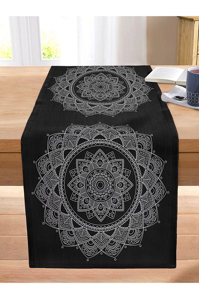 Realhomes White Mandala Patterned Black Knitted Runner - Stitched Raschel Decorative