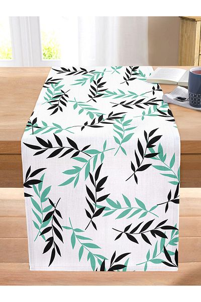 Realhomes Green Black Leaf Patterned Digital Printed Modern Stitched Raschel Knitted Runner