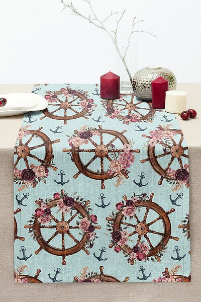 Realhomes Mint Green Backgrounded Rudder Designed Digital Printed Decorative Stitched Raschel Knitted Runner