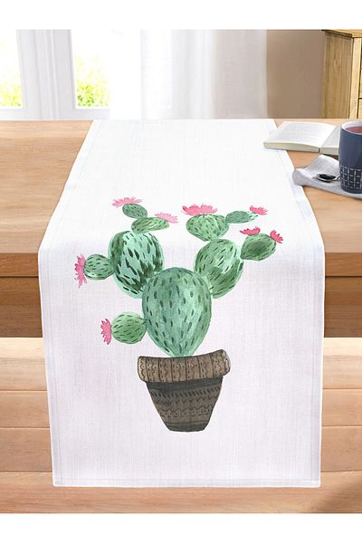 Realhomes Digital Printed Modern Stitched Raschel Knitted Runner with Cactus Pattern on White Background