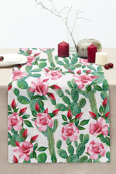 Realhomes Digital Printed Modern Stitched Raschel Knitted Runner with Colorful Cactus Pattern on White Background