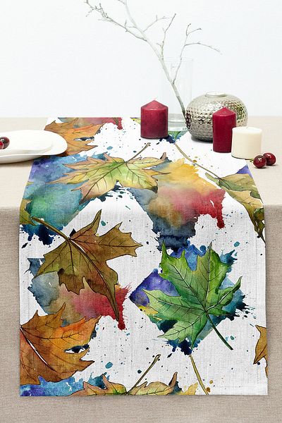 Realhomes Autumn Leaf Patterned Digital Printed Modern Stitched Raschel Knitted Runner on White Background