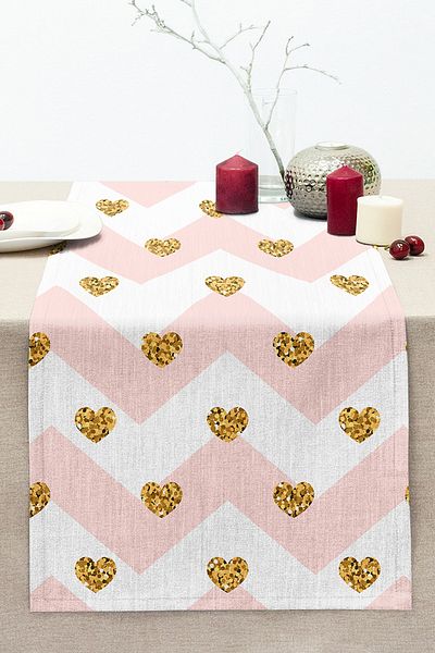 Realhomes Pink Zigzag Patterned Gold Detailed Modern Stitched Raschel Knitted Runner
